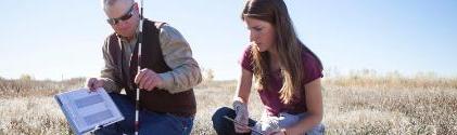 Two people surveying a large outdoor field